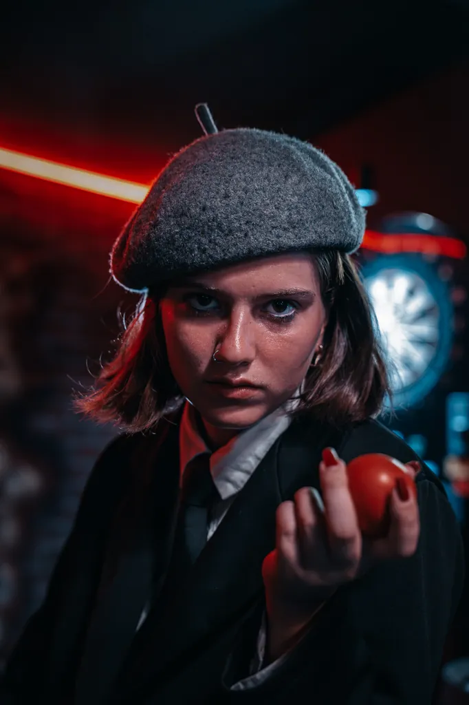Woman in a grey beret and black suit holding a red pool ball under red neon
