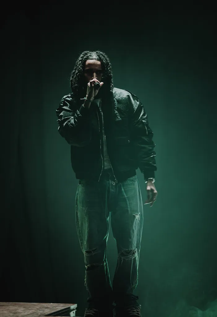 Full-length portrait of an artist in green light and haze